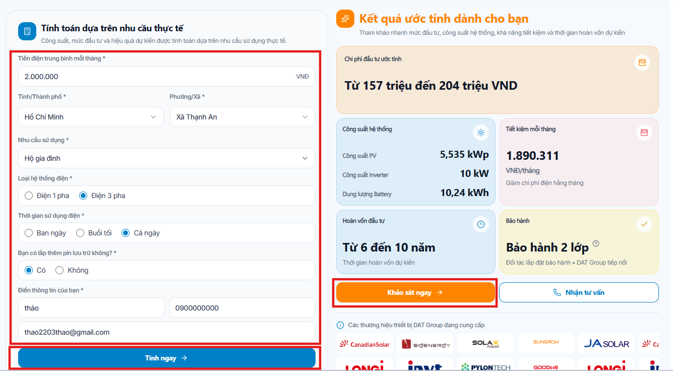 Nhập thông tin khách hàng, tính kết quả và chọn Khảo sát ngay