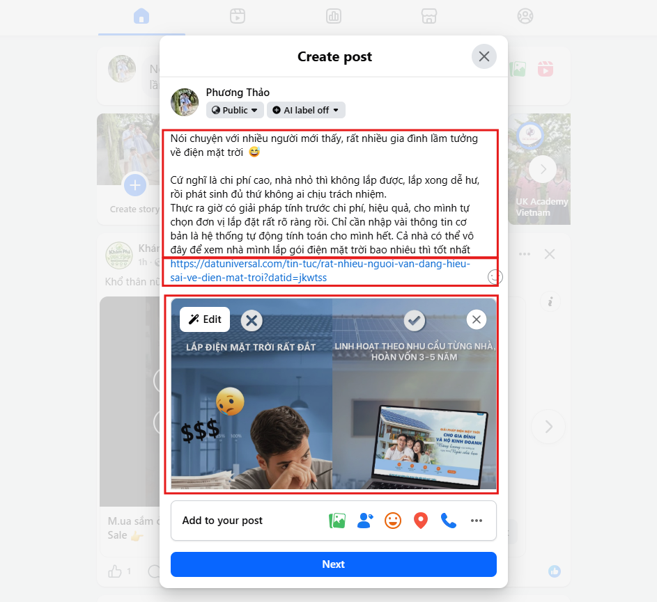Tạo bài đăng Facebook với hình ảnh hoặc video
