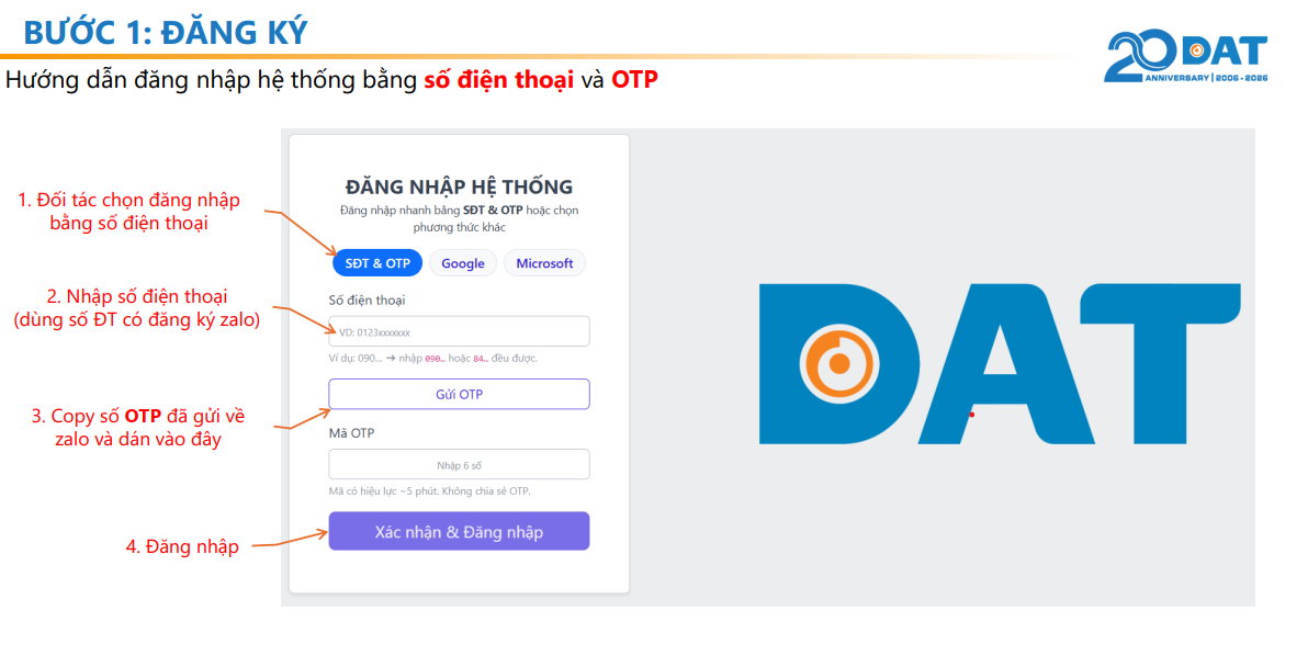 Chọn SĐT & OTP, nhập số điện thoại, gửi OTP và xác nhận đăng nhập