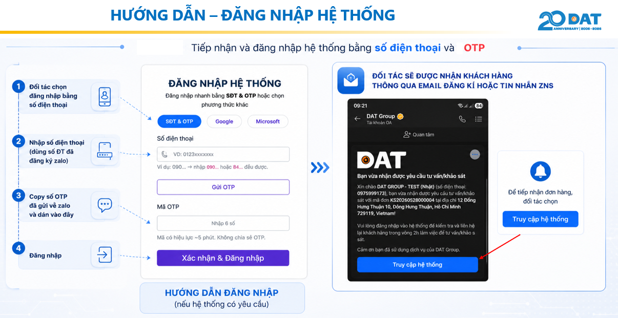 Hướng dẫn đăng nhập bằng SĐT và OTP, mở hệ thống từ thông báo ZNS