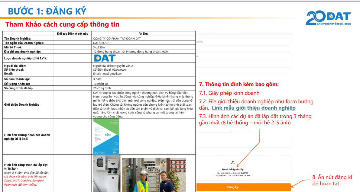 Ví dụ thông tin doanh nghiệp, hồ sơ đính kèm và nút Đăng ký