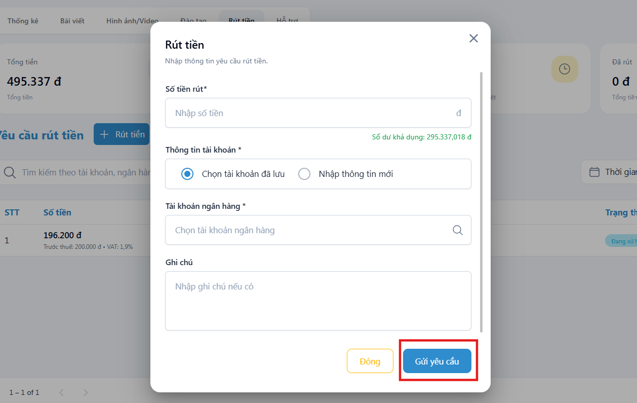 Gửi yêu cầu rút hoa hồng