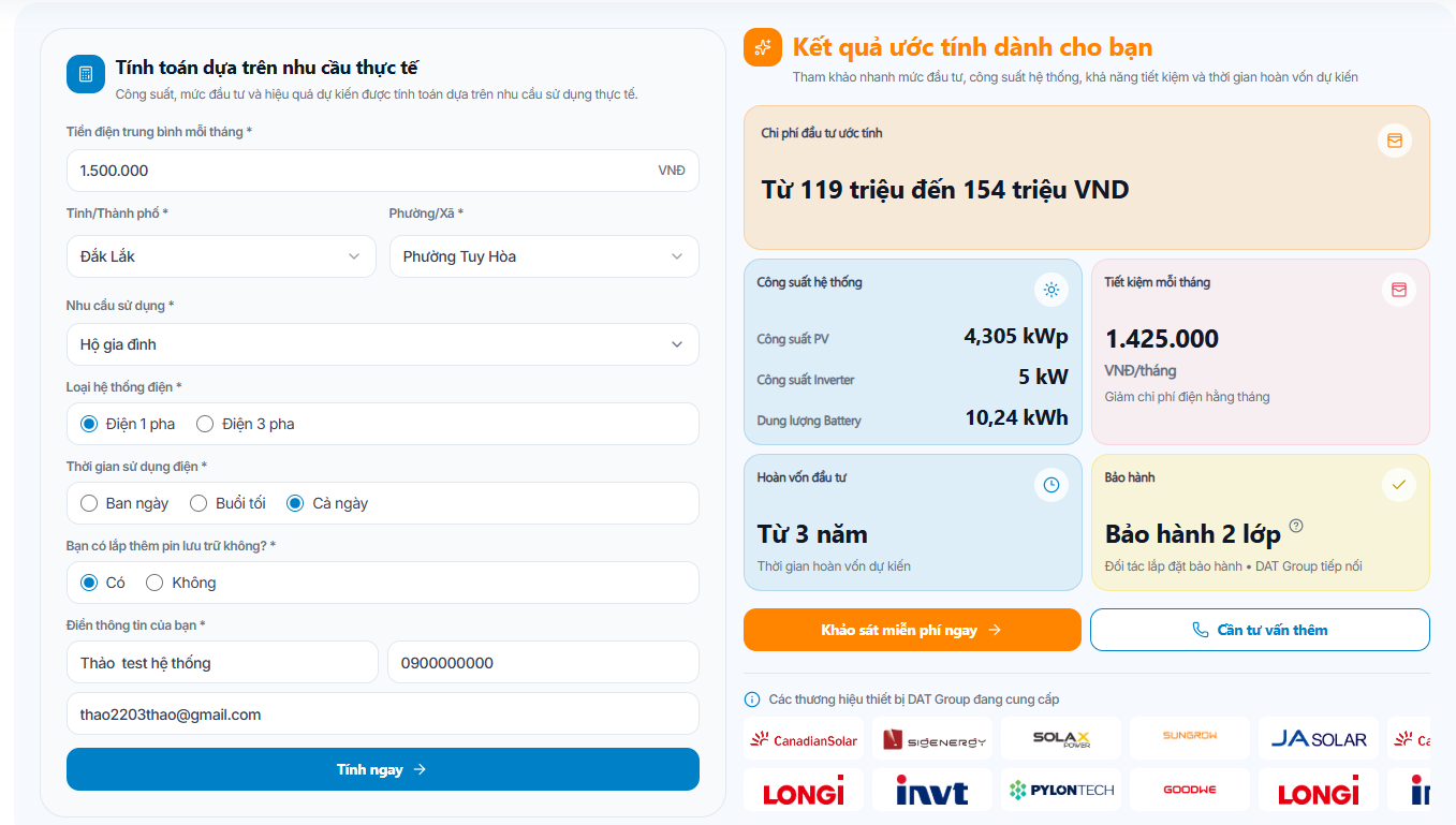 Kết quả ước tính chi phí, công suất, tiết kiệm và thời gian hoàn vốn