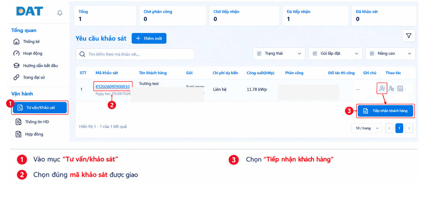 Các vị trí cần chọn để tiếp nhận yêu cầu khảo sát