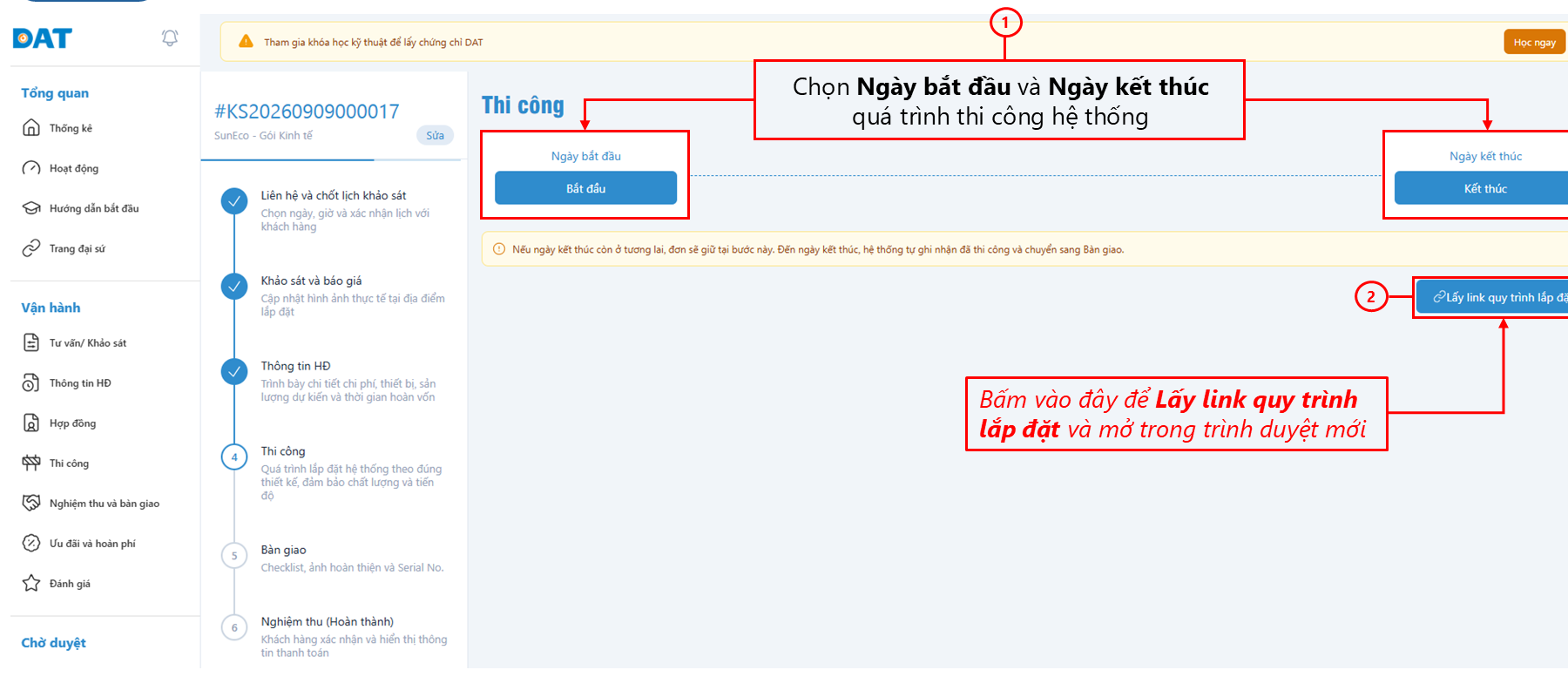 Các vị trí cập nhật thời gian thi công và lấy link quy trình lắp đặt