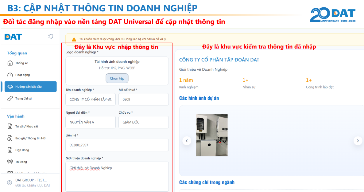 Khu vực nhập và kiểm tra thông tin doanh nghiệp