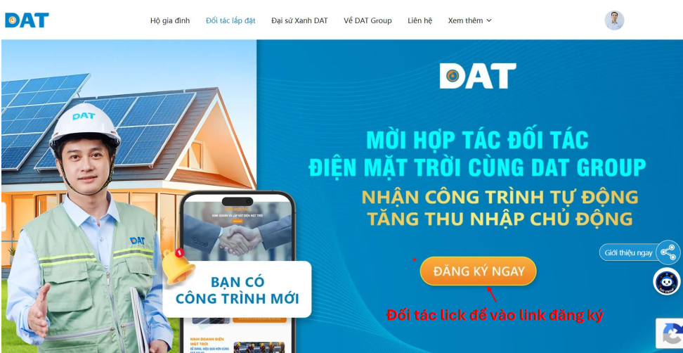 Vị trí nút Đăng ký ngay trên trang Đối tác lắp đặt
