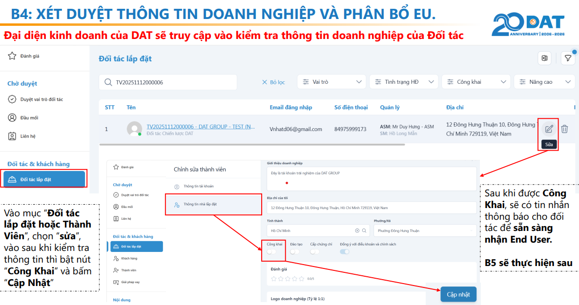 Xét duyệt thông tin doanh nghiệp và bật trạng thái Công khai để nhận End User