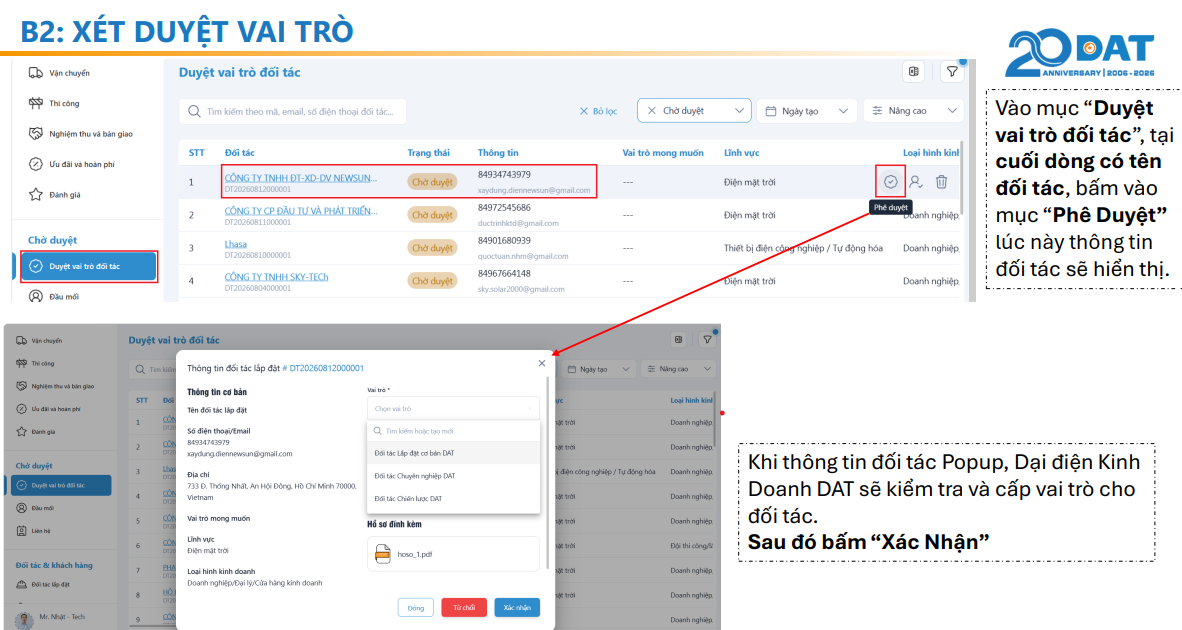 Màn hình xét duyệt vai trò đối tác do Đại diện Kinh doanh DAT thực hiện